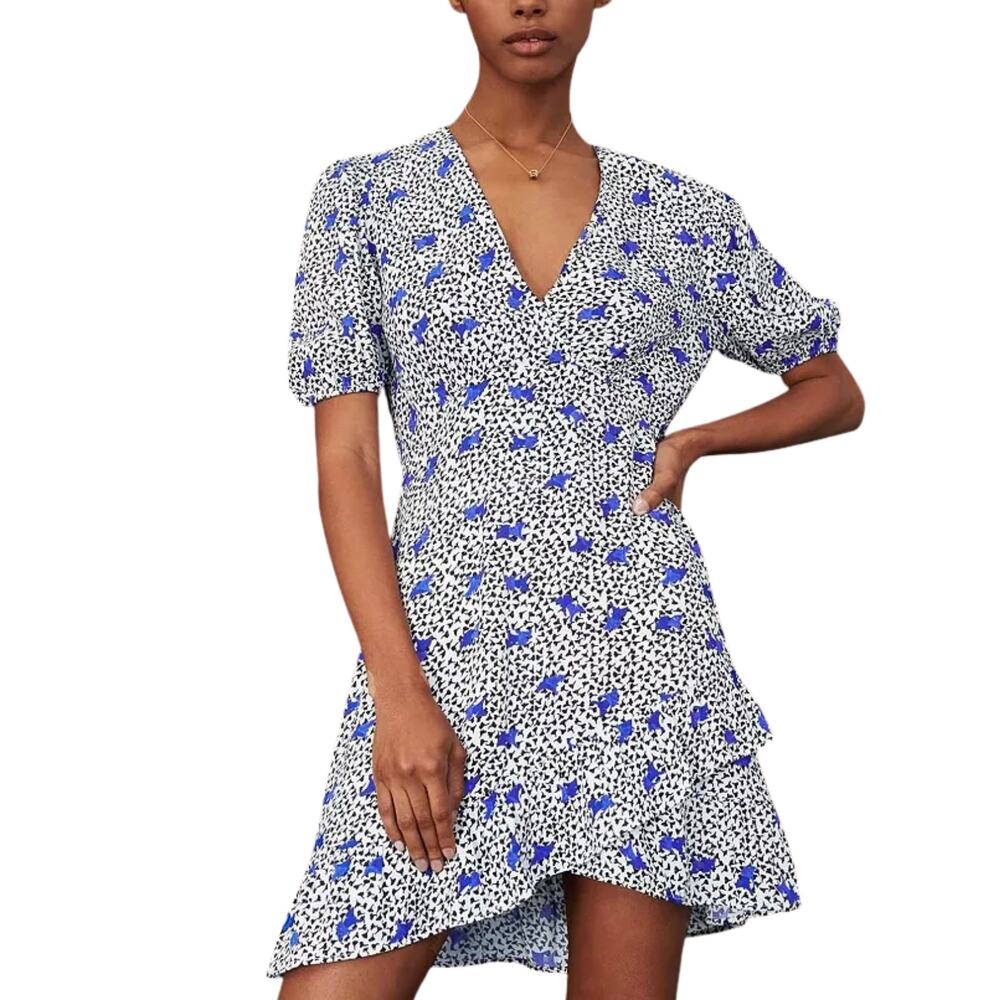 Maje Ripensee Blue Floral Crepe Mini Dress Ruffle Hem V-Neck Size 34 XS